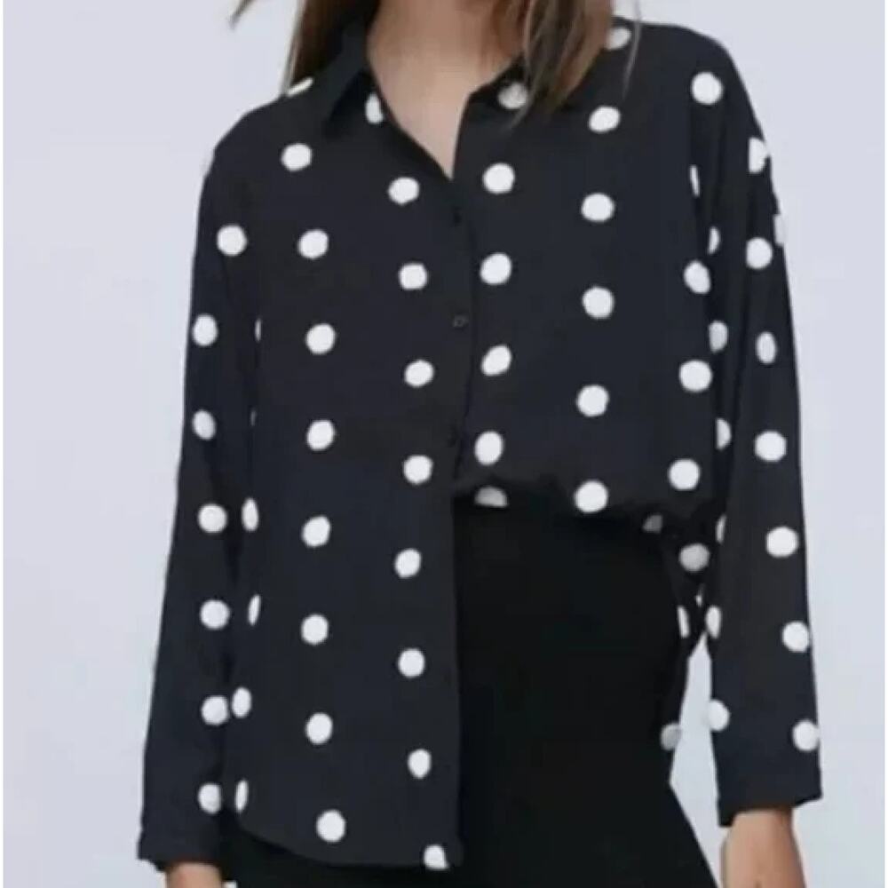 Zara Black Sheer LS Button Down with Textured Polka Dots